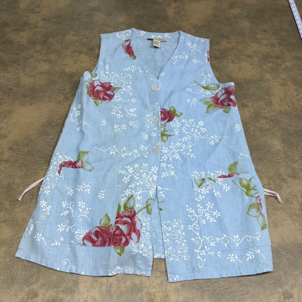 Sweet Jessie Vest Women Medium Blue Floral 100% Linen Button Front Pockets Tie